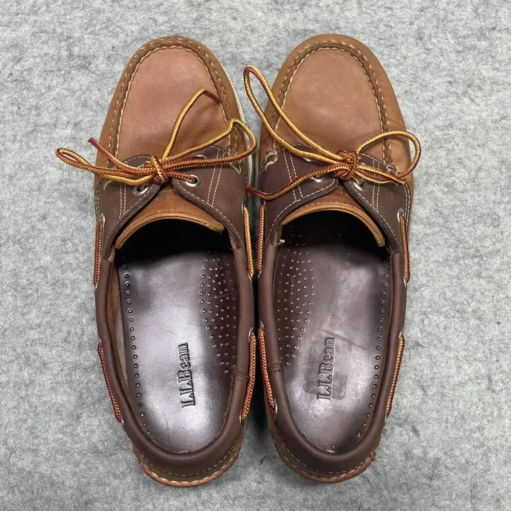 LL Bean Mens 8 D Brown Leather Boat Shoes Moc Toe Lace Up Casual